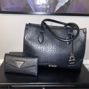 Guess Black Embossed Tote and Wallet Set